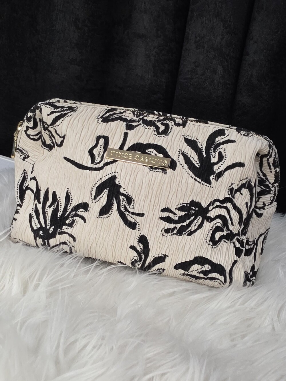 Vince Camuto Cream and Black Floral Cosmetic Pouch